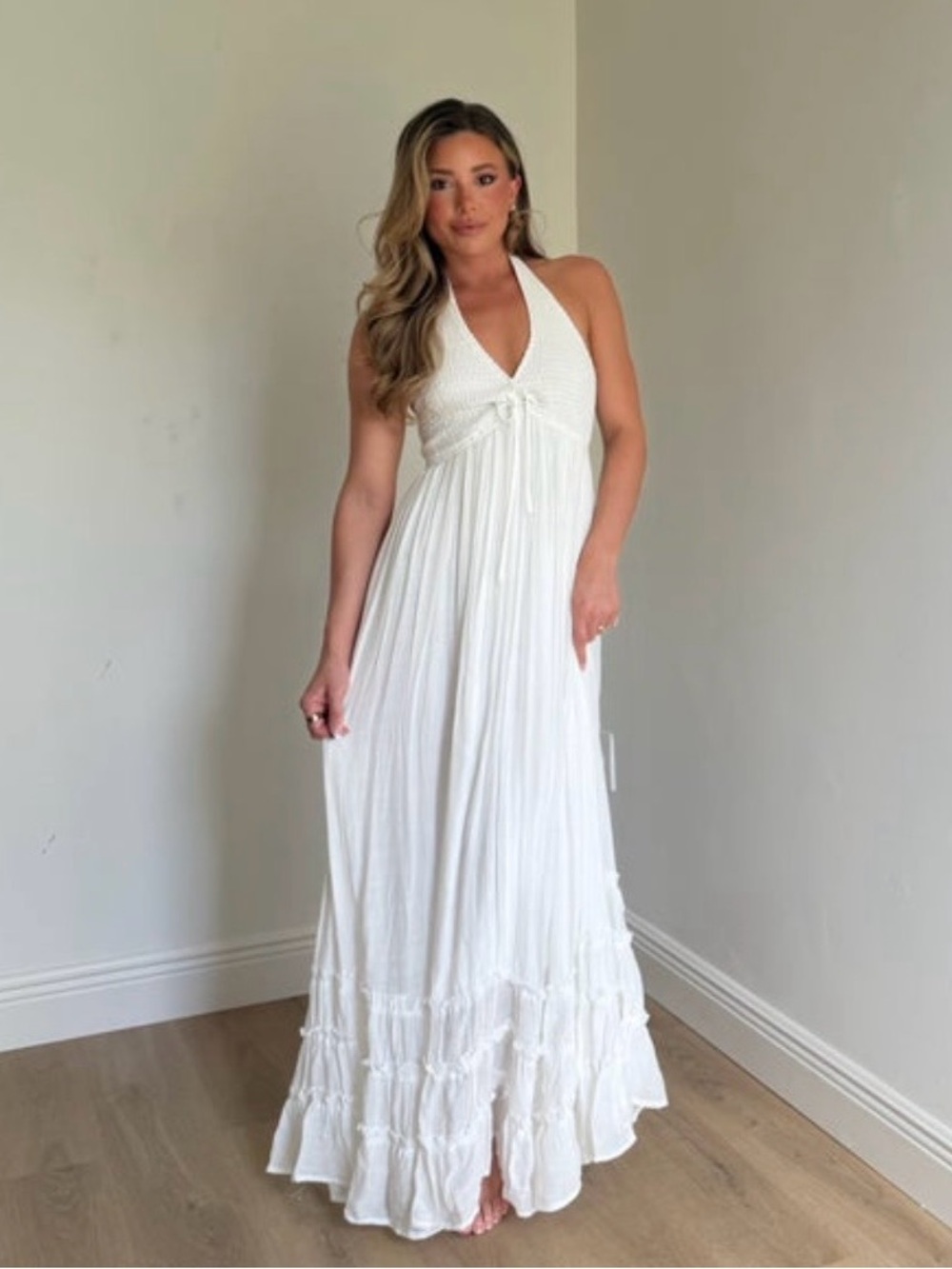 NWT White Halter Maxi Dress with Crochet Bodice Wedding Dress Beach Pictures - Picture 5 of 14